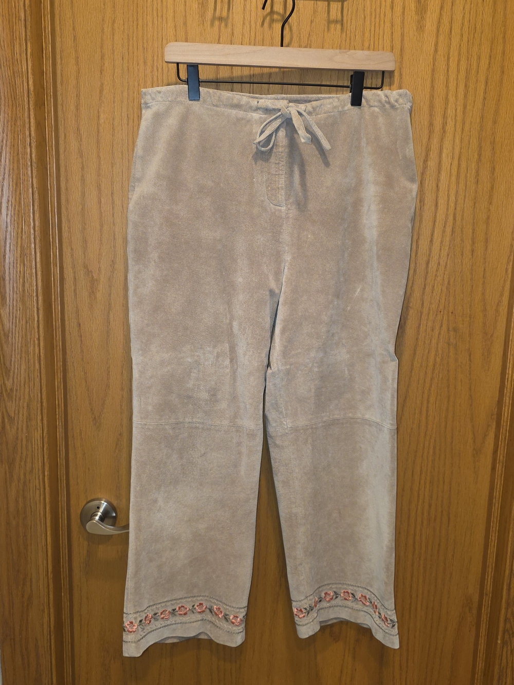 Brandon Thomas Beige Cropped Suede Drawstring Pants with Embroidered Hem